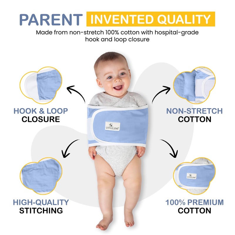 Anna & Eve® Baby Swaddle Strap for Newborns and Infants - 100% Cotton, No Overheating - The Original Arms Only - Adjustable Large Size Swaddle, Fits Chest 16" to 20.5" - Blue - Image 3